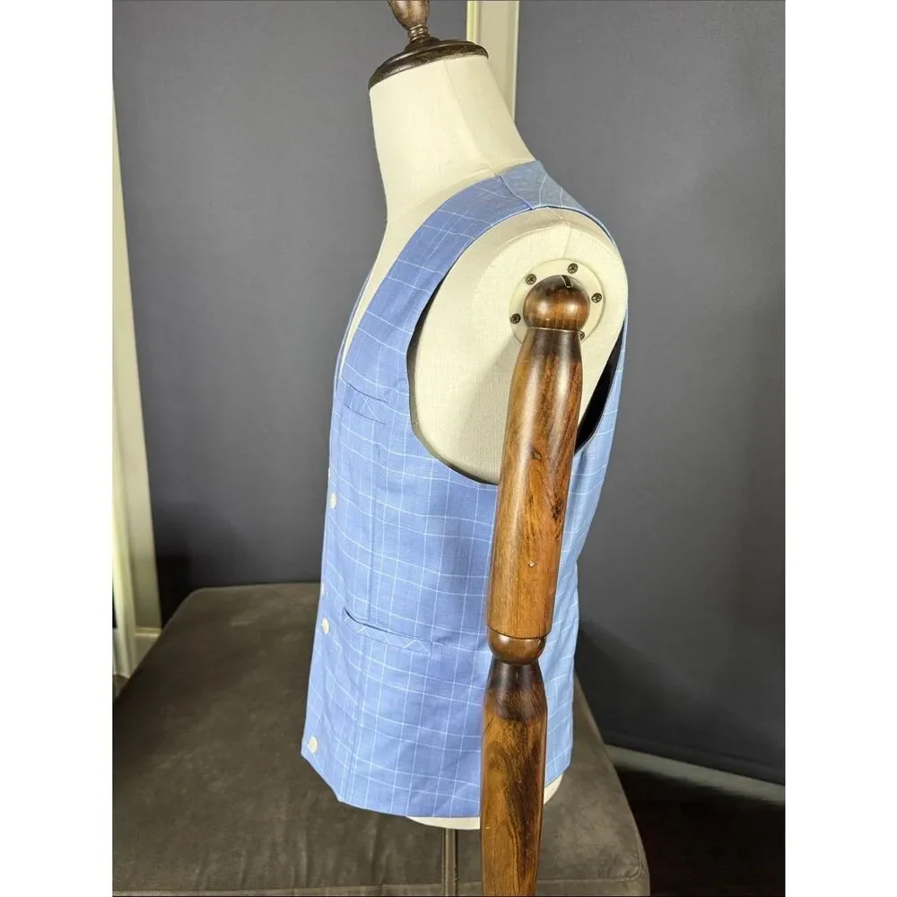 Men’s Light Blue Windowpane Double-Breasted Vest V-Neck Size 36 NWOT